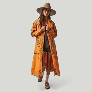 Free‎ People Linen Blend Embroidered Eyelet Long Line Coat Marigold XS